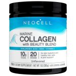 NeoCell Marine Collagen with Beauty Blend unflavored powder tub, featuring hyaluronic acid, MSM, and vitamin C for skin hydration, hair, nails, and joint support.